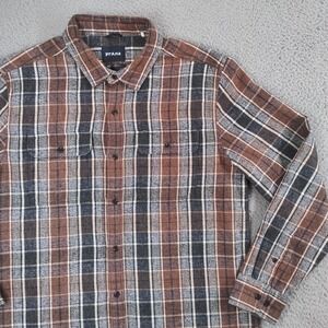 prAna Shirt Mens Medium Brown Gray Westbrook Flannel Plaid Long Sleeve Button Up